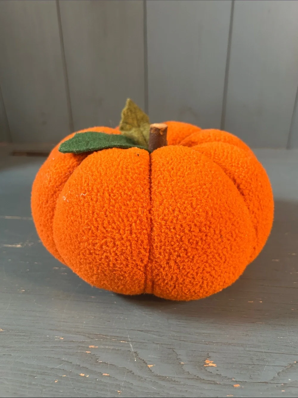 Plush Felt Orange Pumpkin Fall Decor with Green Leaf & Wood Stem | Halloween